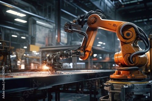 A closeup of an industrial machine integrated with a robot arm, depicted in a 3D visualization to emphasize precision and modern engineering in Industry 40,