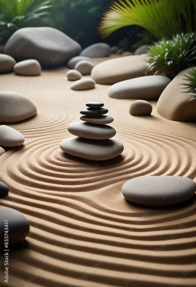 A peaceful Zen rock garden with carefully arranged rocks and sand, symbolizing the flow of energy and the balance of elements in nature
