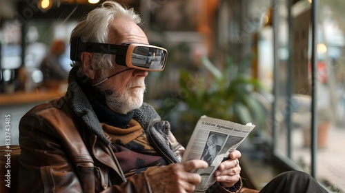 Embracing the Future: Senior Man Engrossed in Digital Newspaper via Augmented Reality Glasses in a Vibrant Cafe