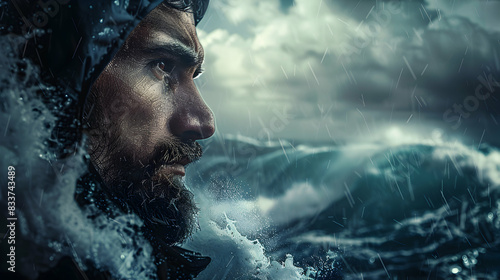 Sailors Profile and Stormy Sea  Capturing the Challenges of Farewells and the Unknown in Maritime and Adventure Ads