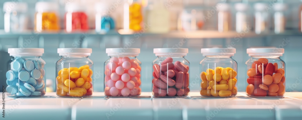 Colorful pills in containers, highlighting pharmaceutical variety copy space medication realistic blend mode bathroom counter backdrop Colorful pills in containers, highlighting pharmaceutical variety copy space medication realistic blend mode bathroom counter backdrop