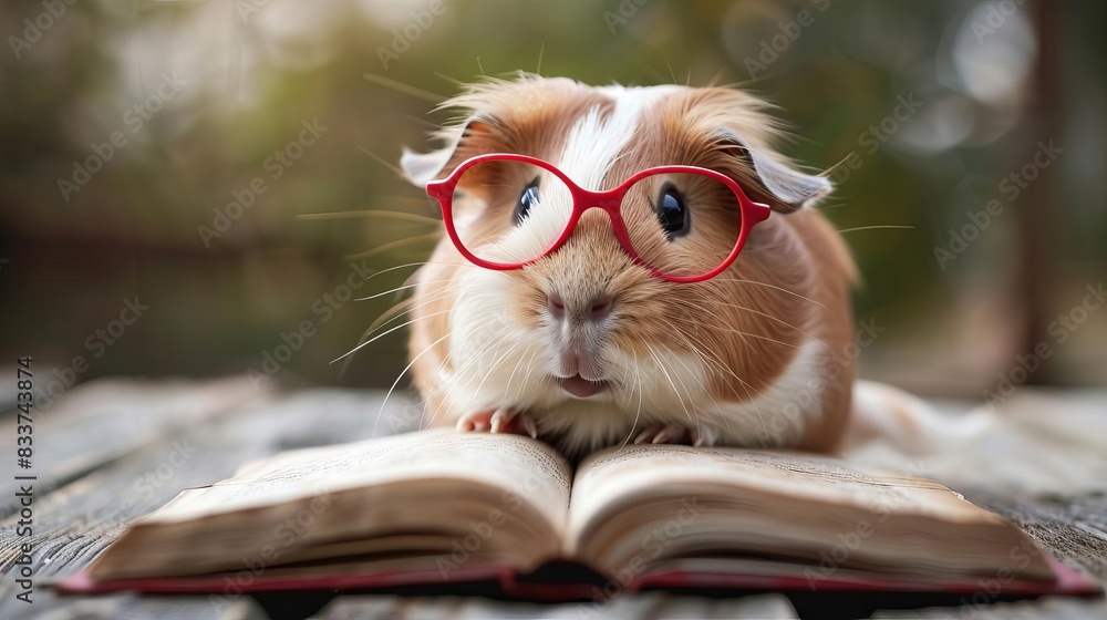 adorable guinea pig wearing red reading glasses sitting and studying a book cute animal photography adorable guinea pig wearing red reading glasses sitting and studying a book cute animal photography