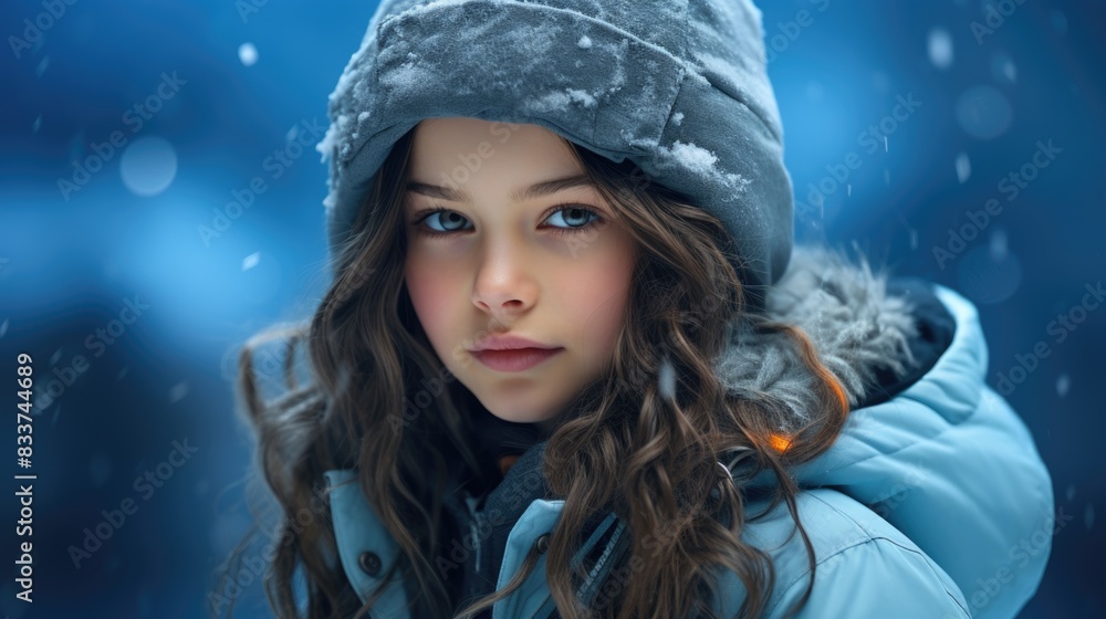 Winter Portrait of a Young Girl in Snowfall Wearing a Hat Winter Portrait of a Young Girl in Snowfall Wearing a Hat