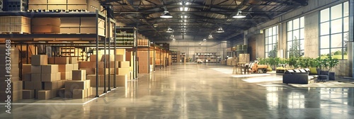 Contemporary Warehouse Interior with Boxes Stacked on Shelves and Polished Concrete Flooring © Vera