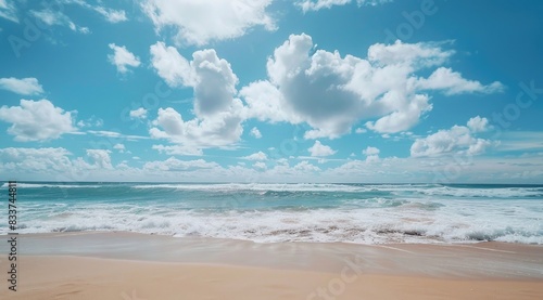A beautiful blue ocean with white clouds in the sky, waves crashing on an empty beach, a dreamy and peaceful scene of nature's beauty.