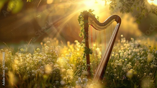 A beautiful harp adorned with green ivy standing amidst a blooming meadow, illuminated by the warm golden sunlight.