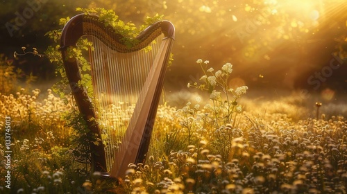 A beautiful harp adorned with green ivy standing amidst a blooming meadow, illuminated by the warm golden sunlight.