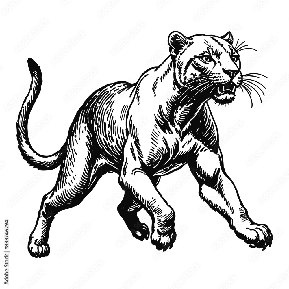 Fototapeta premium Black Panther Hand Drawn Engraved Ink Line Art Sketch Illustration
