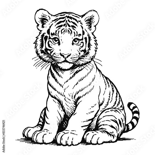 Baby Tiger Hand Drawn Engraved Ink Line Art Sketch Illustration