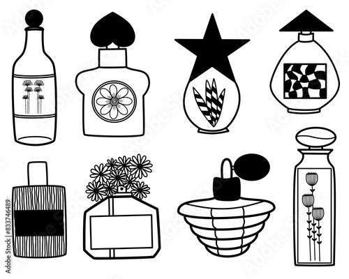 Hand drawn of perfume bottles doodle set. Vector illustration style.