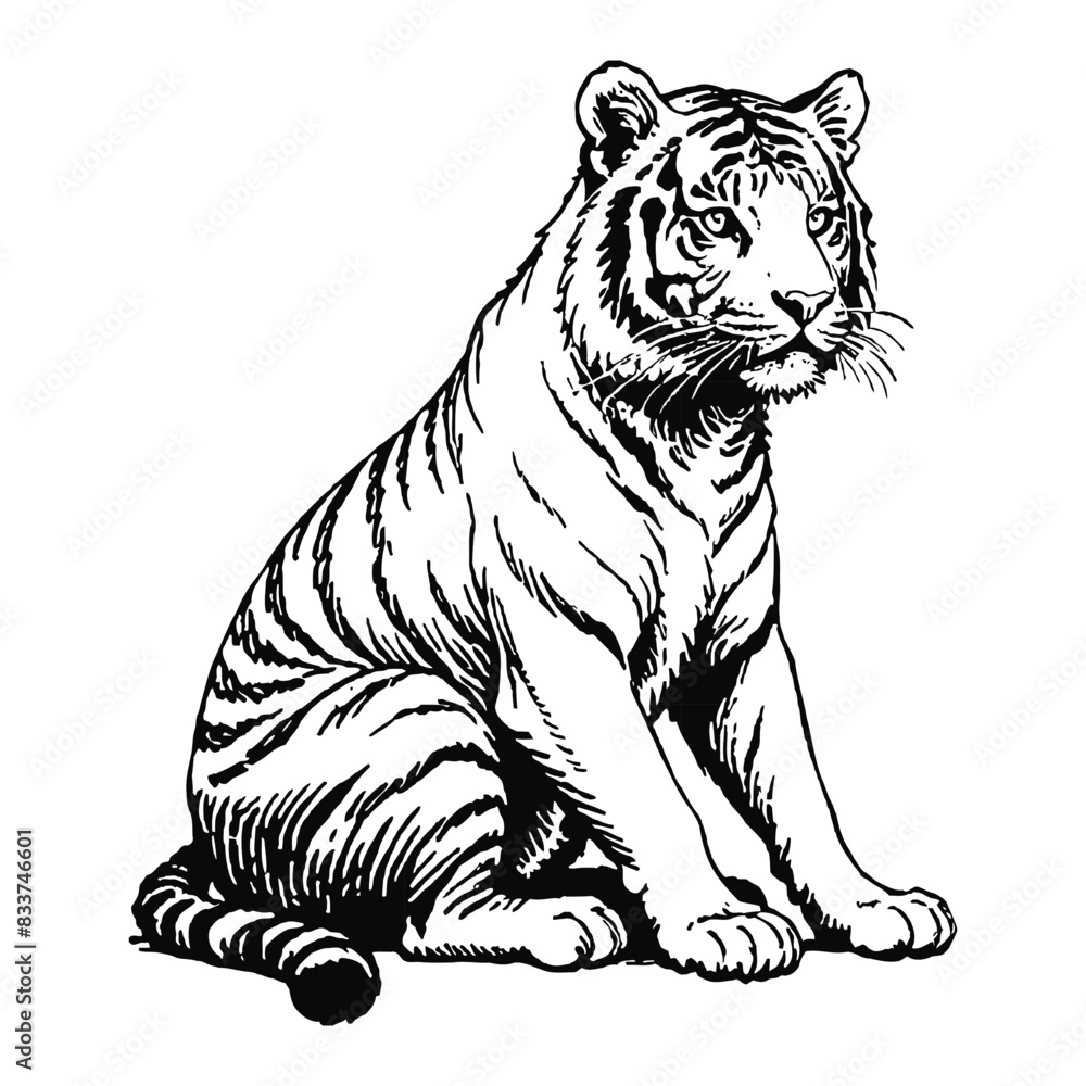 Fototapeta premium Tiger Hand Drawn Engraved Ink Line Art Sketch Illustration