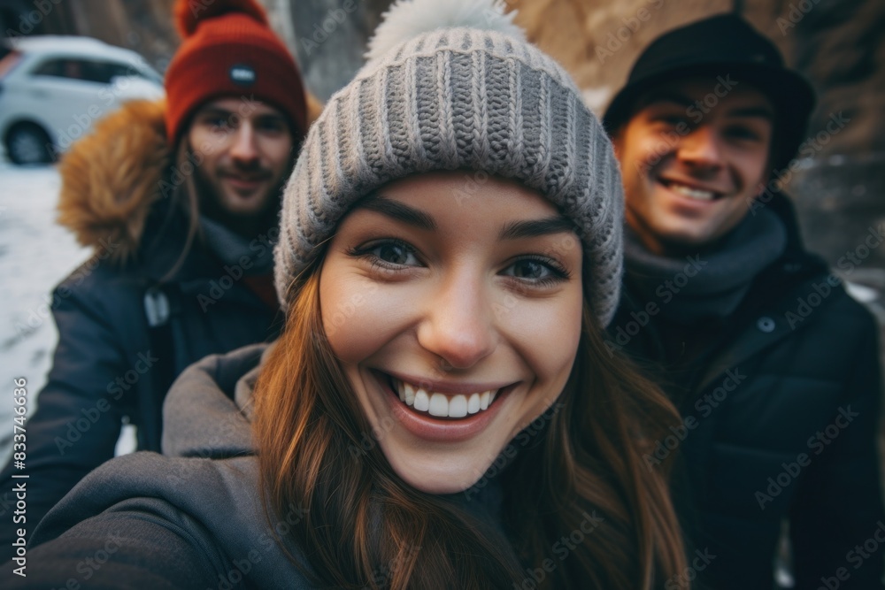 Friends Taking Selfie in Winter Clothes Friends Taking Selfie in Winter Clothes