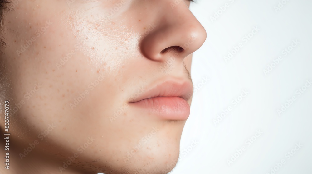 Close-up of a young person's face showcasing pimple and zit skin and natural beauty. The image emphasizes features such as lips, nose, and skin texture. Close-up of a young person's face showcasing pimple and zit skin and natural beauty. The image emphasizes features such as lips, nose, and skin texture.