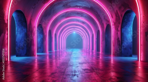 Stage empty. Violet neon, abstract blue background. Rays of searchlights, light, abstract tunnel.