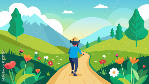 The VR trail takes the rider through a peaceful meadow with beautiful wildflowers and rolling hills to admire as they pedal along.. Vector illustration
