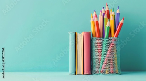 colorful books and pencils in wire mesh cup on light blue background playful concept for education and creativity still life photo