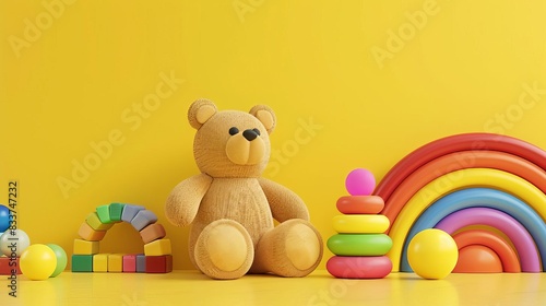 colorful educational kids toys collection with teddy bear wooden rainbow blocks and balls on bright yellow background 3d illustration