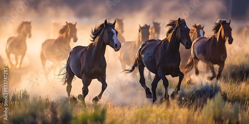 Horse galloping through a dusty field with a blurred background of additional horses. Concept Horse, Galloping, Dusty Field, Blurred Background, Horses photo