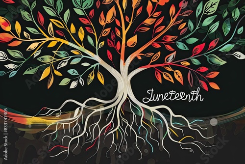 Concept Graphic poster depicting a stylized tree with leaves of black, red, green and yellow colors, symbolizing the day of Juneteenth