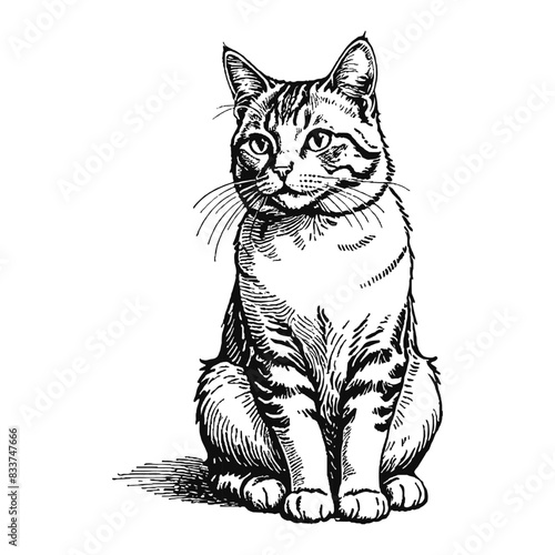 American Bobtail Cat Hand Drawn Engraved Ink Line Art Sketch Illustration