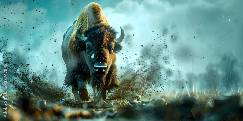 D illustration of a bison galloping through muddy steppe. Concept Illustration, Bison, Galloping, Muddy, Steppe
