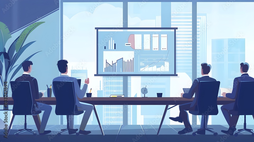 Professional Business Meeting in a Illustrated Conference Room with Presentation Screen Professional Business Meeting in a Illustrated Conference Room with Presentation Screen