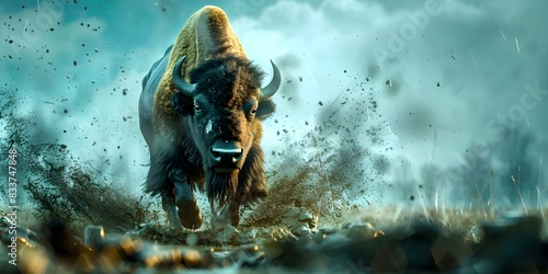 D illustration of a bison galloping through muddy steppe. Concept Illustration, Bison, Galloping, Muddy, Steppe photo