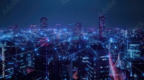 A captivating night view of a city skyline with interconnected glowing networks symbolizing high-tech communication and data transfer.