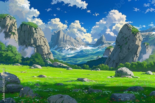 Green field with rocky mountains in the distance