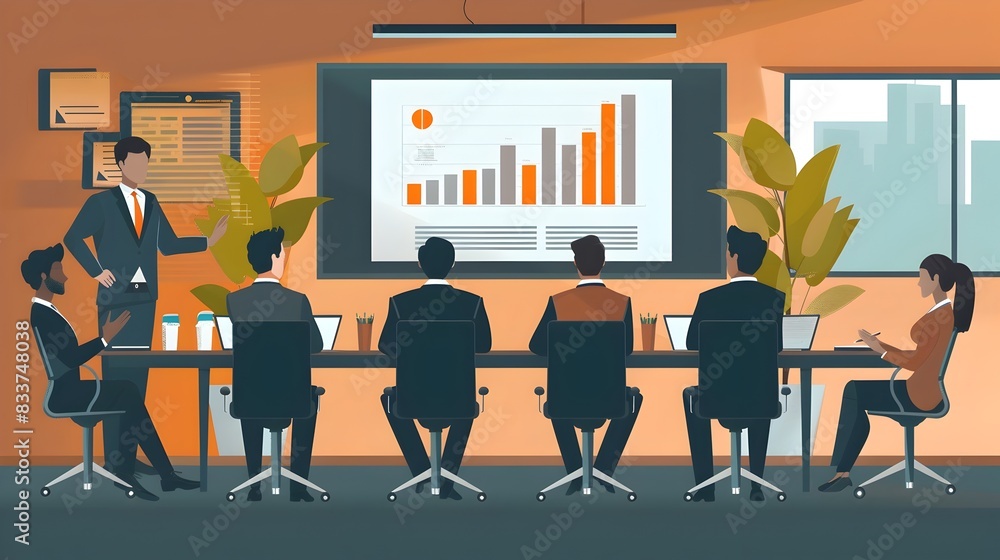 Professional Business Meeting in a Modern Office Conference Room with Presentation Screen Professional Business Meeting in a Modern Office Conference Room with Presentation Screen