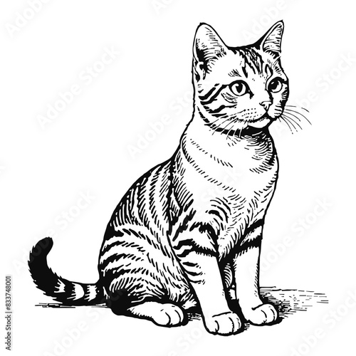 American Shorthair Cat Hand Drawn Engraved Ink Line Art Sketch Illustration