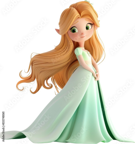  Cute cartoon elf with golden hair in a green beautiful dress