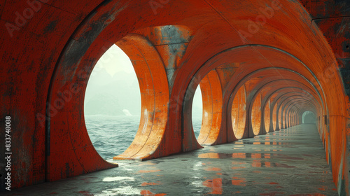 An arched  rust-colored tunnel with circular openings offers a misty ocean view  creating an intriguing blend of nature and architecture.