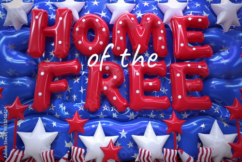 Vibrant image featuring red balloon letters spelling "HOME of the FREE" against a blue starry background, accented with white star balloons and patriotic ribbons