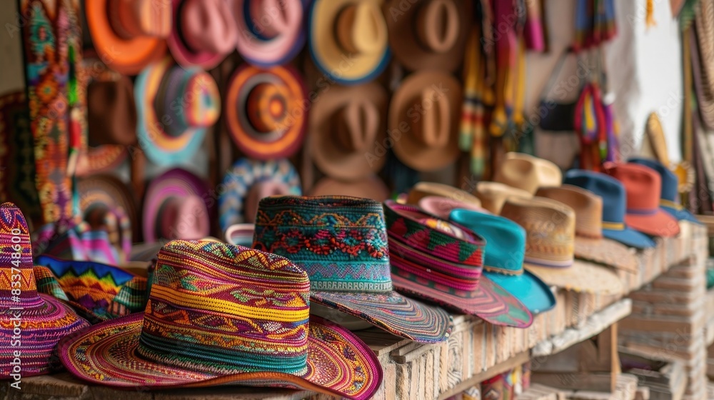 A colorful traditional crafts market with a variety of handmade hats, textiles, and cultural souvenirs for sale.