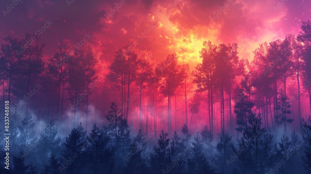 Abstract Foggy Forests, Stylized representations of foggy forests with surreal elements and bright colors