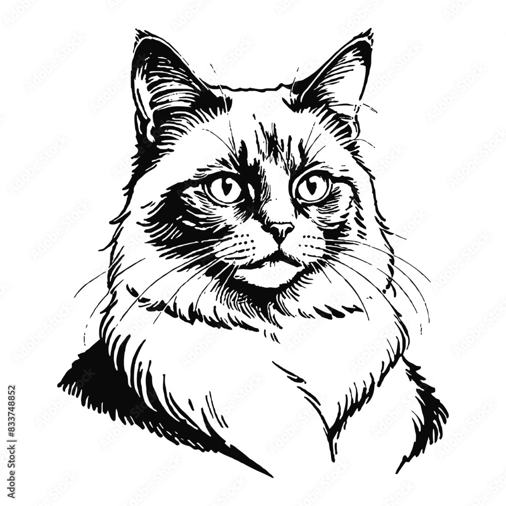 Birman Cat Hand Drawn Engraved Ink Line Art Sketch Illustration Birman Cat Hand Drawn Engraved Ink Line Art Sketch Illustration