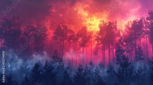Abstract Foggy Forests  Stylized representations of foggy forests with surreal elements and bright colors