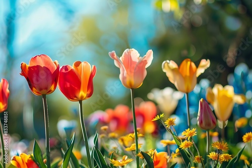 Vibrant spring flowers blooming in a garden  set against a backdrop of soft focus trees and a bright blue sky.