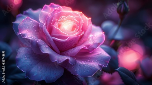 The background is abstract purple neon, with an abstract purple rose. The light is neon, the flower is covered in glare. photo