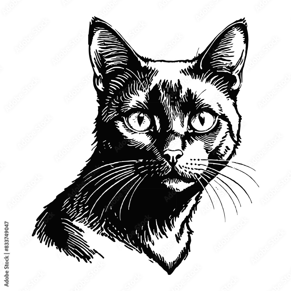 Black Bombay Cat Hand Drawn Engraved Ink Line Art Sketch Illustration Black Bombay Cat Hand Drawn Engraved Ink Line Art Sketch Illustration