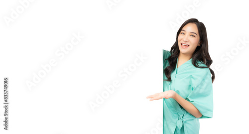 Young Asian woman patient smile She showing blank white billboard isolated on white background