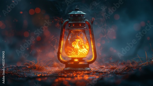 A 3D illustration f an oriental lantern on a dark night background. The backdrop is in the form of a lantern with a lantern in the center. The lighting is a broken glass flashlight.