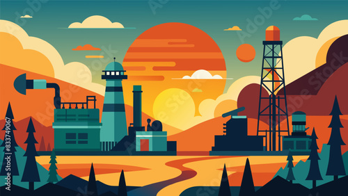 Dawn brings a sense of hope and renewal to the oil refinery as the workers prepare for another day of production.. Vector illustration