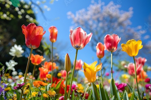 Vibrant spring flowers blooming in a garden, set against a backdrop of soft focus trees and a bright blue sky.