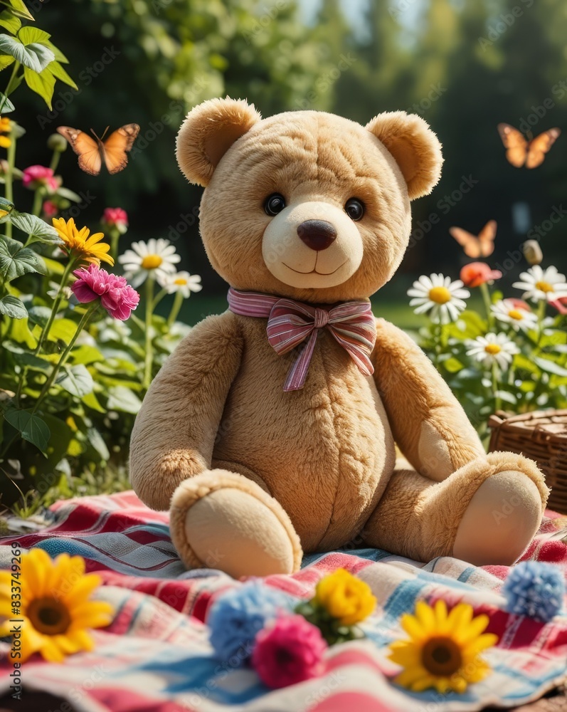 An Adorable Plush Teddy Bear Sitting on a Picnic Blanket in a Sunny Garden, Surrounded by Colorful Flowers and Butterflies An Adorable Plush Teddy Bear Sitting on a Picnic Blanket in a Sunny Garden, Surrounded by Colorful Flowers and Butterflies