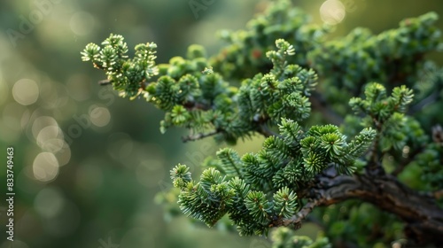 Detailed view of a branch of a green juniper tree