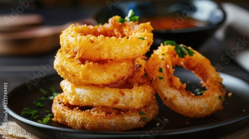 Crispy Golden Fried Onion Rings Garnished with Parsley, Served on a Dark Plate with Dipping Sauce in the Background for a Delicious Appetizer Concept
 photo