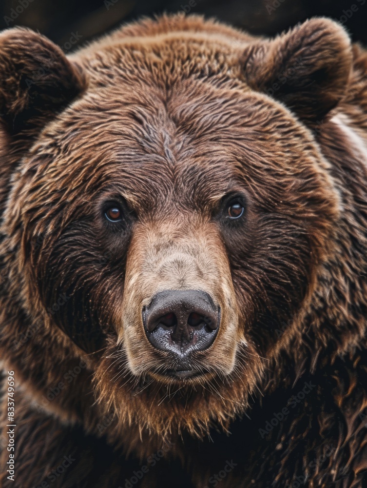 Close-up portrait of a large brown bear showcasing its intense gaze and detailed fur texture. Wild. Predator. Grizzly. 