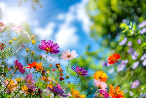 Vibrant spring flowers blooming in a rainbow of colors, set against a backdrop of soft focus trees and a bright blue sky. © crescent